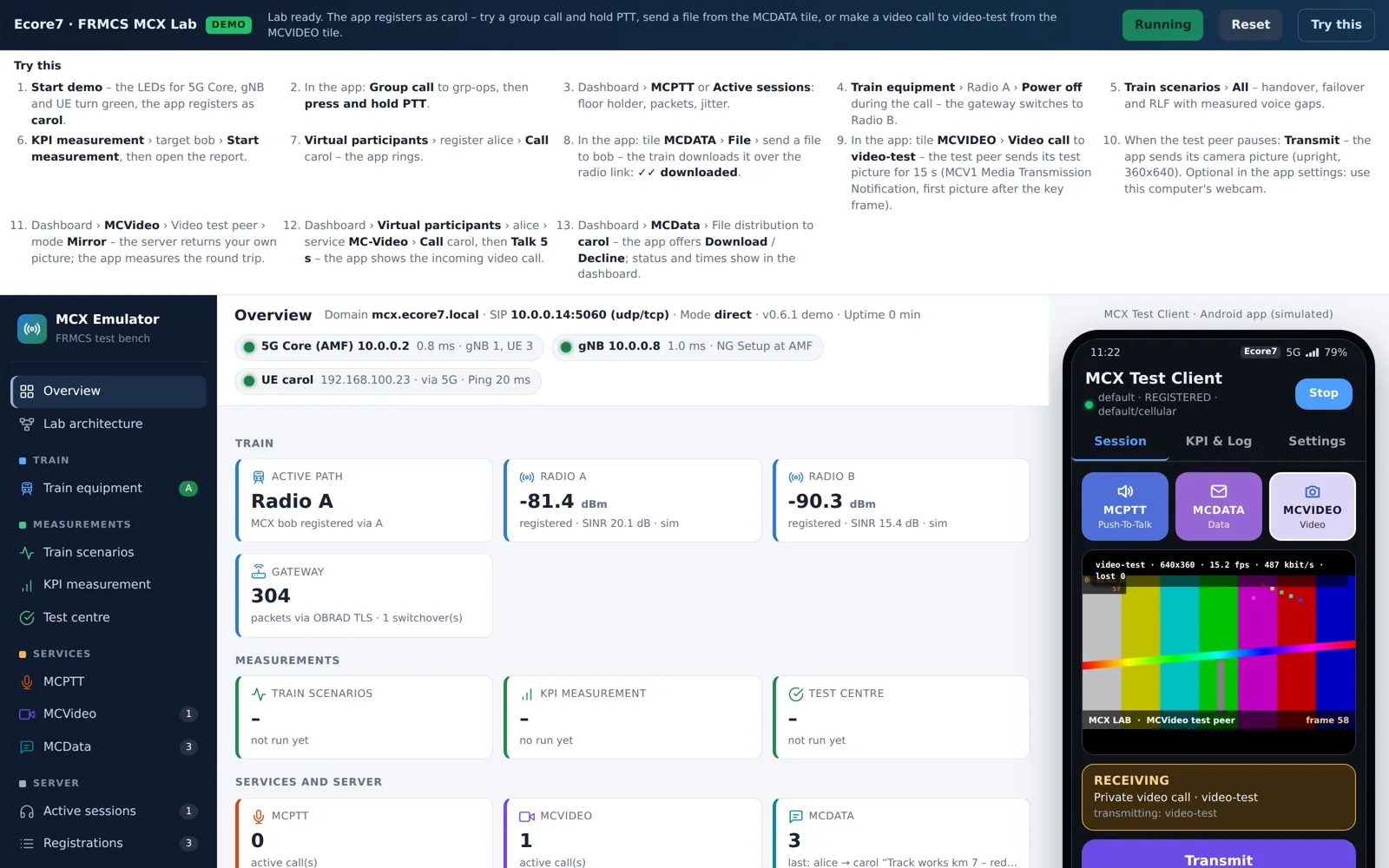 MCX Server Emulator dashboard with 5G core, gNB and train status